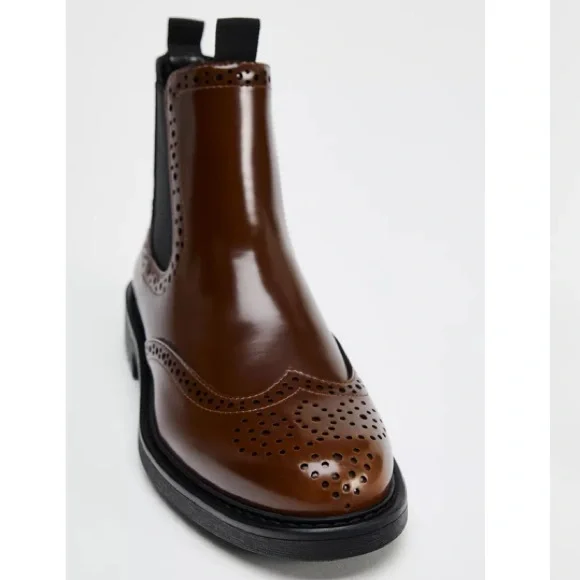 Zara Flat Wingtip Ankle Boots in Brown/Burgundy Size-10 NWT - Picture 6 of 15